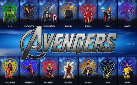 A vibrant HD wallpaper featuring iconic Marvel characters: Hulk, Black Widow, Captain America, Iron Man, Thor, Hawkeye, Spider-Woman, Spider-Man, Ms. Marvel, Wolverine, Wasp, Ronin, and Nick Fury.