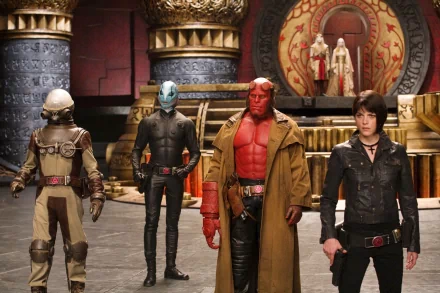 A high-definition desktop wallpaper featuring characters Johann Kraus, Abe Sapien, Hellboy, and another character from the film Hellboy II: The Golden Army.