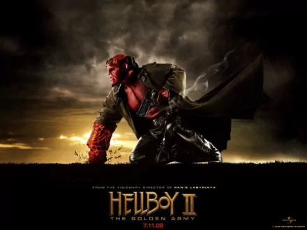A dramatic HD wallpaper featuring Hellboy from Hellboy II: The Golden Army, showcasing the iconic character in a dynamic pose against a striking background.