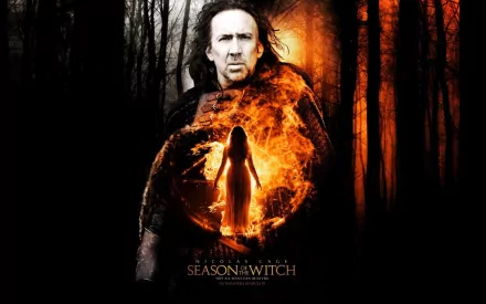 HD desktop wallpaper featuring Nicolas Cage in the 2011 movie Season of the Witch, set against a dark forest background with fiery elements.