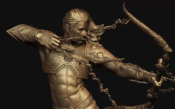 Fantasy archer with detailed armor draws a bow, set against a dark background in this HD PC desktop wallpaper.