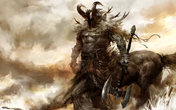 Fantasy HD PC desktop wallpaper featuring a powerful centaur warrior with a horned helmet, holding a battle axe amidst a stormy, dramatic background.