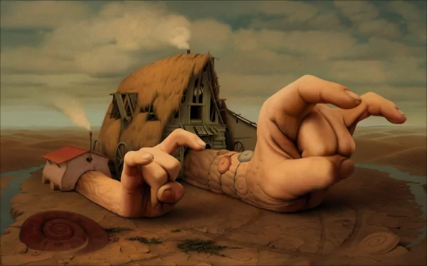 Artistic 2K Quad HD PC desktop wallpaper and background: surreal cracked landscape where a thatched house morphs into giant human arms and hands reaching under a moody sky.