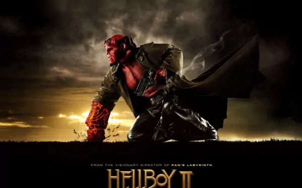 A dramatic HD wallpaper featuring Hellboy from Hellboy II: The Golden Army, showcasing the iconic character in a dynamic pose against a striking background.