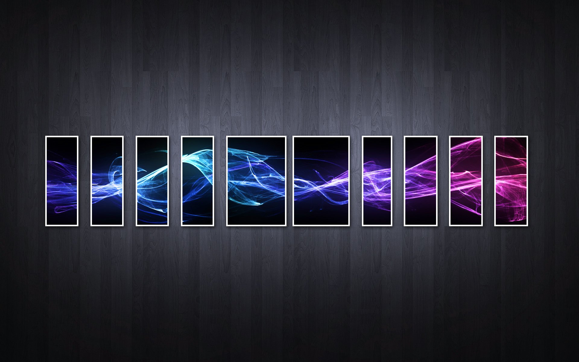 Artistic polyscape HD PC desktop wallpaper: a row of framed vertical panels on a dark textured background, neon blue-to-magenta flowing waveforms spanning the panels.