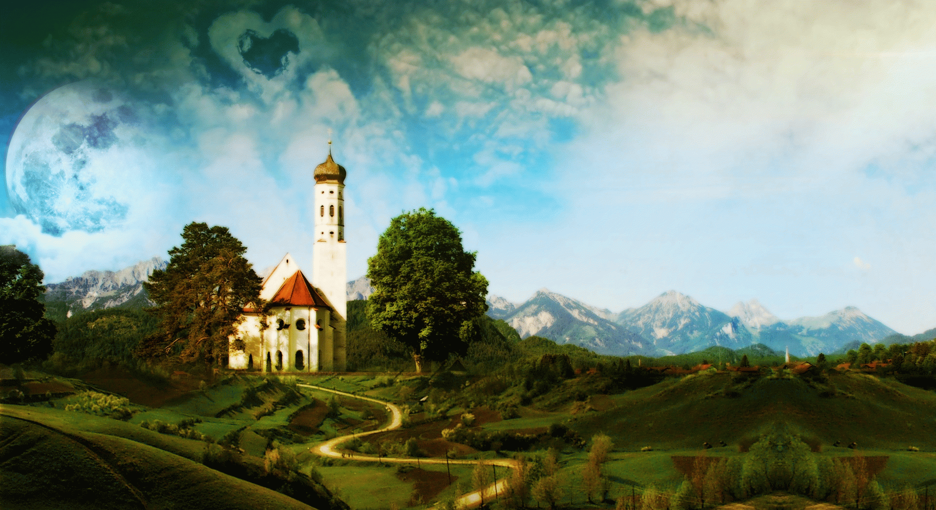 HD PC desktop wallpaper and background: dreamy nature world with a white chapel among trees on rolling green hills, a winding path toward misty mountains beneath a soft, cloud-streaked sky.