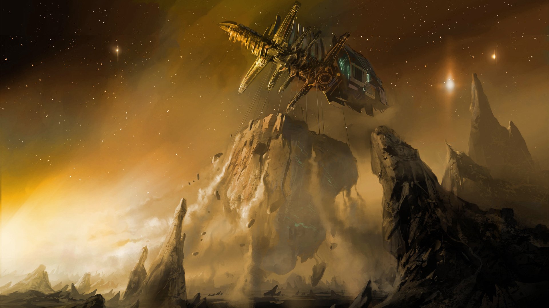 HD PC desktop wallpaper featuring a detailed spaceship from the video game Dead Space hovering above a rocky, alien landscape under a starry sky.