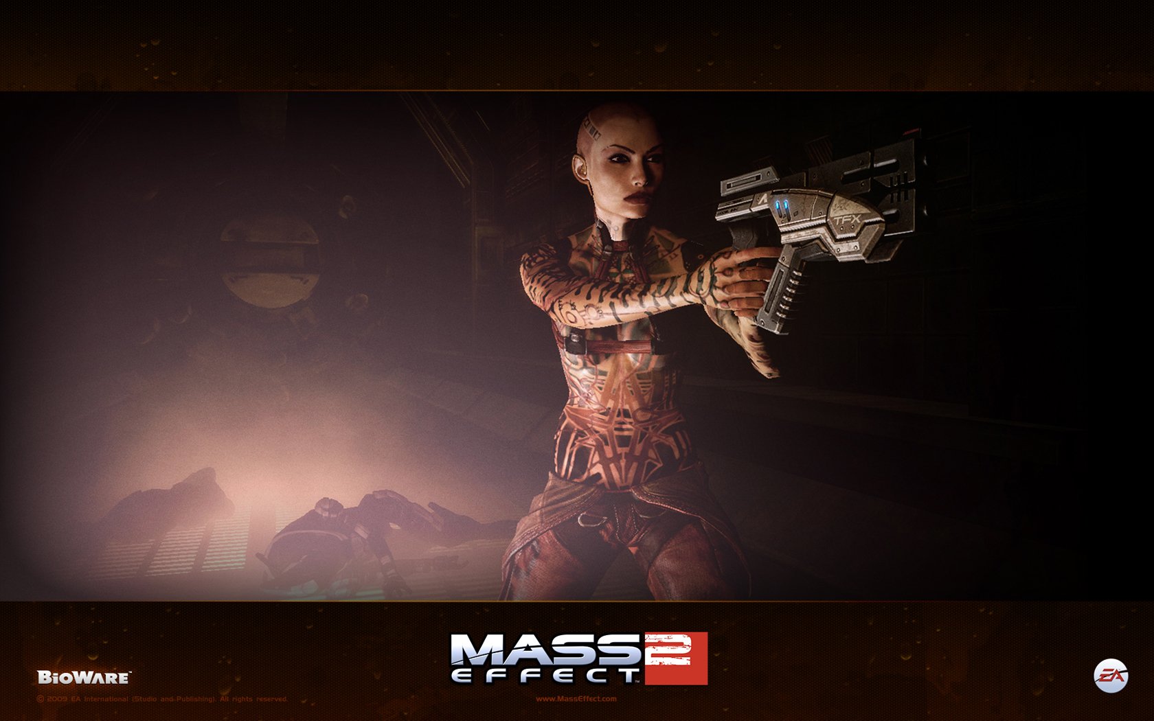 HD desktop wallpaper featuring Jack, a fierce warrior from the video game Mass Effect 2, aiming a gun in a dark, atmospheric setting.