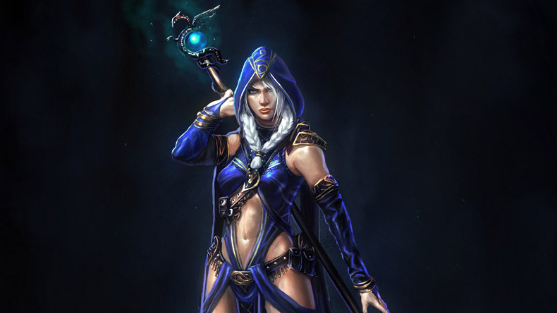 HD desktop wallpaper featuring a fierce fantasy woman warrior dressed in blue armor, holding a glowing staff. Perfect background for fans of fantasy artwork.