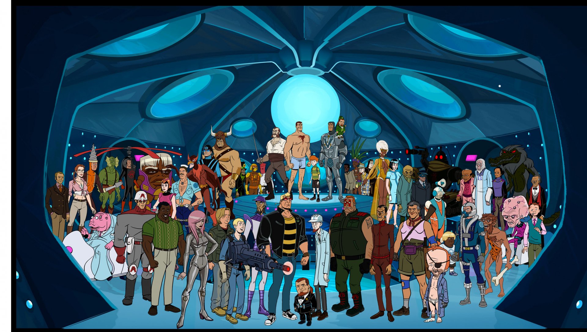 HD PC desktop wallpaper featuring a large group of characters from the TV show The Venture Bros. inside a futuristic, blue-toned interior setting.