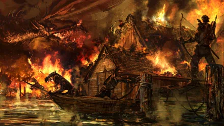 HD fantasy PC desktop wallpaper depicting a fierce dragon unleashing fire on a burning village with chaos and figures in a dark, intense scene.