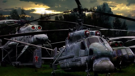 Military helicopters Kamov Ka-25 and Mil Mi-10 are shown at dusk, set against a dramatic sky in this HD PC desktop wallpaper and background.