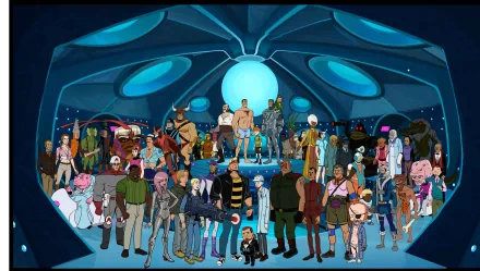 HD PC desktop wallpaper featuring a large group of characters from the TV show The Venture Bros. inside a futuristic, blue-toned interior setting.