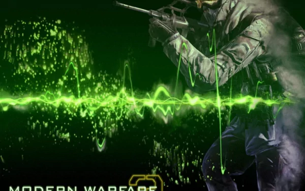 HD PC desktop wallpaper featuring a soldier aiming a gun, with green soundwave graphics, themed around the video game Call of Duty: Modern Warfare 3.