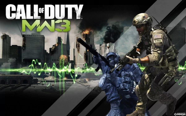 HD PC desktop wallpaper featuring intense Call of Duty: Modern Warfare 3 action with armed soldiers against a smoky urban battlefield background.