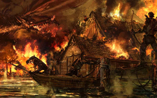 HD fantasy PC desktop wallpaper depicting a fierce dragon unleashing fire on a burning village with chaos and figures in a dark, intense scene.