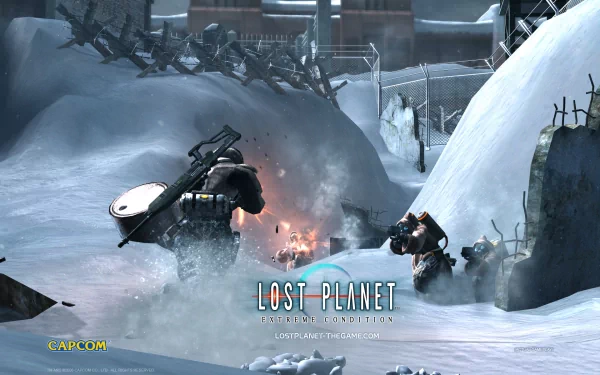 Lost Planet video game HD PC desktop wallpaper and background: armored troopers firefight amid snowy trenches and explosions beneath ruined outposts.