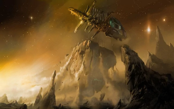 HD PC desktop wallpaper featuring a detailed spaceship from the video game Dead Space hovering above a rocky, alien landscape under a starry sky.