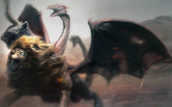 HD PC desktop wallpaper of a fantasy chimera: a lion-bodied, multi-headed beast with bat-like wings and serpentine necks against a dusty, windswept landscape.
