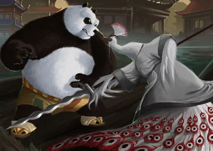 An action-packed scene from Kung Fu Panda, featuring a panda and a feathered warrior engaged in a dynamic duel, set against a serene backdrop. High-definition desktop wallpaper.