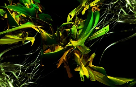 Abstract green shapes intertwine dynamically against a dark background, creating a vivid, high-definition PC desktop wallpaper with a striking, organic feel.