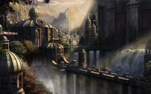Fantasy City Building Water Waterfall HD Wallpaper | Background Image