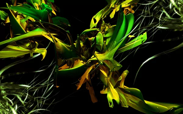 Abstract green shapes intertwine dynamically against a dark background, creating a vivid, high-definition PC desktop wallpaper with a striking, organic feel.