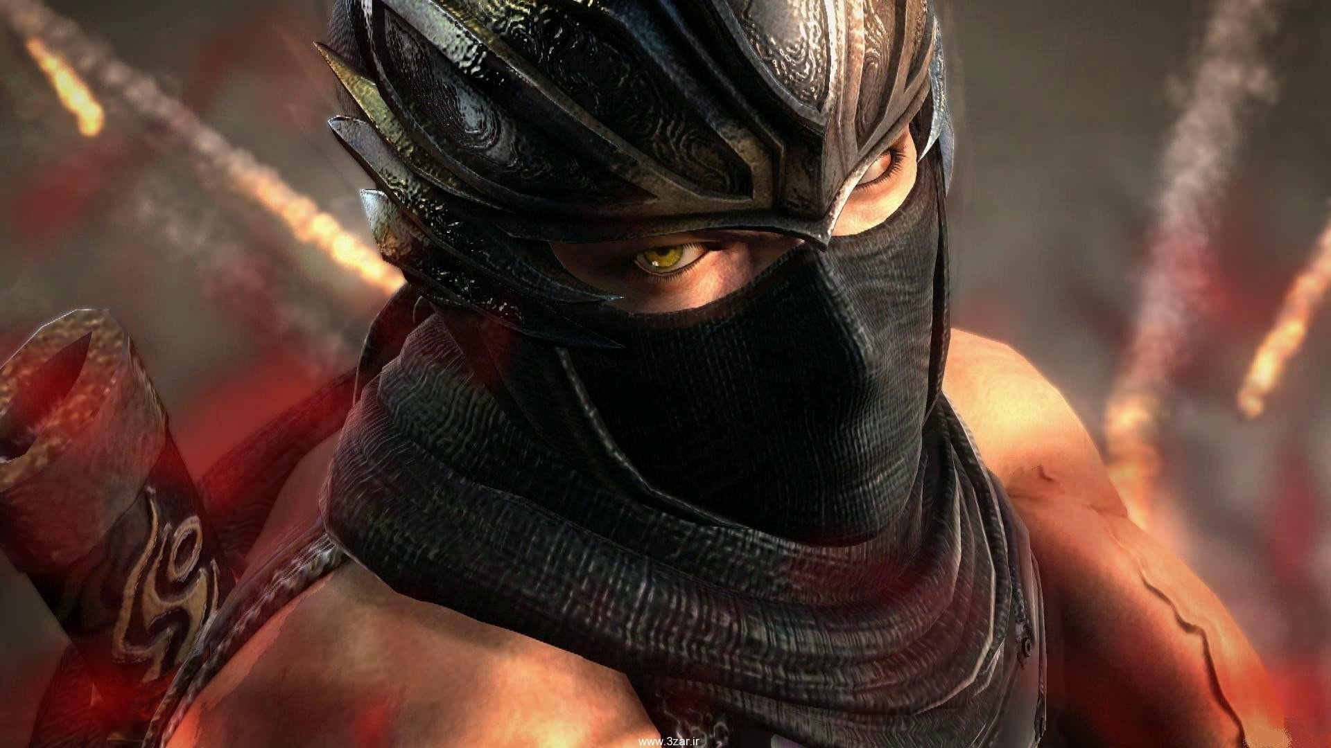 HD PC desktop wallpaper featuring a close-up of a masked ninja warrior from the video game Ninja Gaiden 3 with intense eyes and detailed armor.
