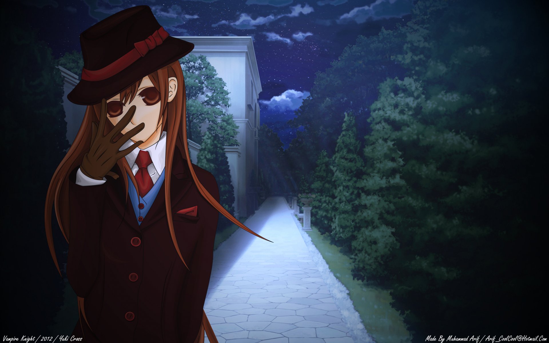 Anime-style night scene from Vampire Knight featuring a character with long hair and a hat standing by a tree-lined path under clouds, crafted as an HD PC desktop wallpaper.