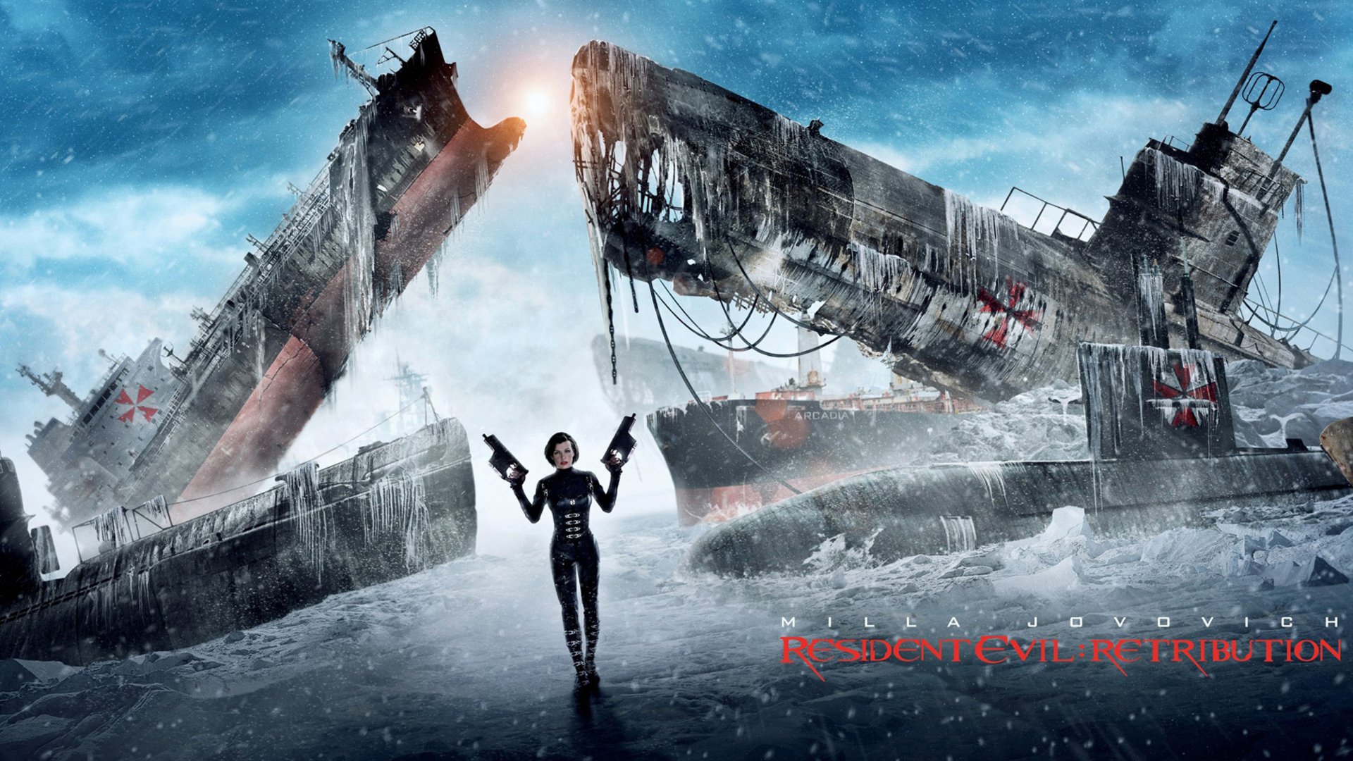 Alice, portrayed by Milla Jovovich, stands confidently amidst sunken submarines in a bleak, icy landscape from Resident Evil: Retribution. An intense, action-packed HD wallpaper.