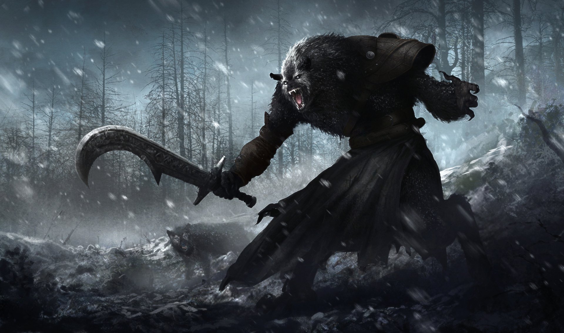A dark warrior stands poised in the snowy landscape, wielding a curved blade, surrounded by a haunting atmosphere of a desolate forest. An evocative HD wallpaper for any PC.