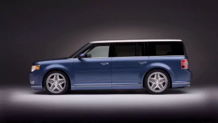 HD PC desktop wallpaper featuring a sleek blue Ford Flex vehicle shown in a side profile against a dark, minimalist background.