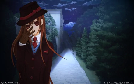 Anime-style night scene from Vampire Knight featuring a character with long hair and a hat standing by a tree-lined path under clouds, crafted as an HD PC desktop wallpaper.