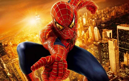 Dynamic HD wallpaper featuring Spider-Man from the movie Spider-Man 2, showcasing him in action against a vibrant city sunset background.