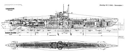 5K Ultra HD PC desktop wallpaper showing a detailed military submarine schematic with side profile and cross-section.