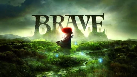 HD PC desktop wallpaper featuring Merida from the movie Brave standing on a lush, glowing landscape beneath the bold word BRAVE.