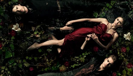 A dramatic HD desktop wallpaper from The Vampire Diaries, featuring three central characters amidst a dark, floral scene, evoking mystery and intrigue in the series.