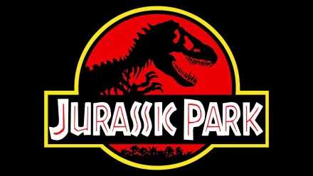 HD desktop wallpaper of the Jurassic Park logo, featuring a black Tyrannosaurus rex silhouette against a red background encircled in yellow, with the text Jurassic Park below.