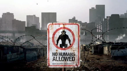 HD PC desktop wallpaper featuring a gritty sci-fi scene from the movie District 9, showing a warning sign with No Humans Allowed against a dystopian urban backdrop.