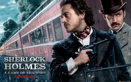 HD desktop wallpaper featuring Robert Downey Jr. as Sherlock Holmes and Jude Law as Dr. Watson in the movie Sherlock Holmes: A Game of Shadows, with a dramatic train scene in the background.