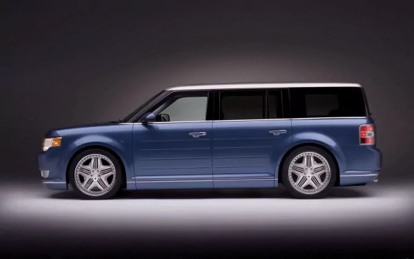 HD PC desktop wallpaper featuring a sleek blue Ford Flex vehicle shown in a side profile against a dark, minimalist background.