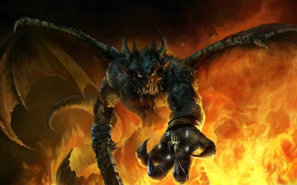 A striking HD fantasy wallpaper featuring a menacing demon with wings, emerging from flames and reaching out, creating a dramatic and intense atmosphere.