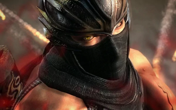 HD PC desktop wallpaper featuring a close-up of a masked ninja warrior from the video game Ninja Gaiden 3 with intense eyes and detailed armor.
