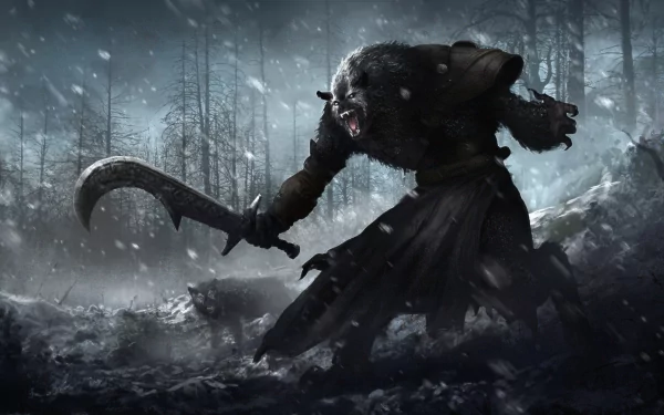 A dark warrior stands poised in the snowy landscape, wielding a curved blade, surrounded by a haunting atmosphere of a desolate forest. An evocative HD wallpaper for any PC.