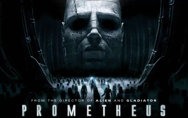 HD PC desktop wallpaper featuring the iconic biomechanical head from the movie Prometheus, set against a dark, sci-fi background.