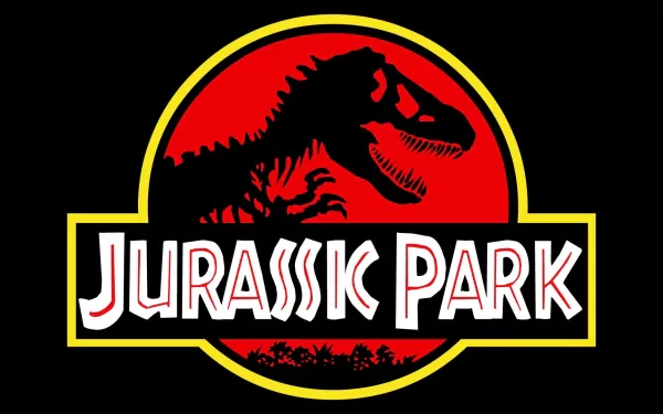 HD desktop wallpaper of the Jurassic Park logo, featuring a black Tyrannosaurus rex silhouette against a red background encircled in yellow, with the text Jurassic Park below.