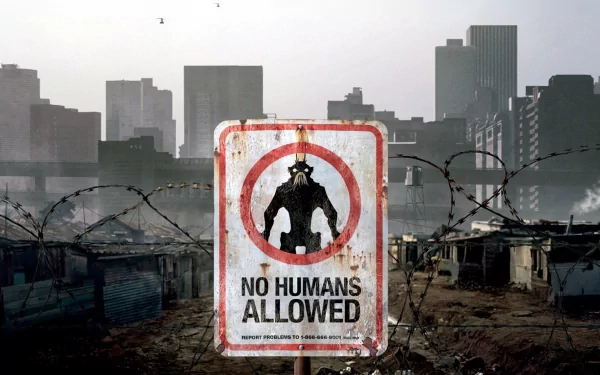HD PC desktop wallpaper featuring a gritty sci-fi scene from the movie District 9, showing a warning sign with No Humans Allowed against a dystopian urban backdrop.