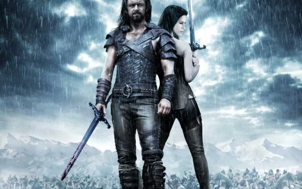 HD PC desktop wallpaper featuring characters from the movie Underworld: Rise of the Lycans, with a stormy, dark atmosphere and armored warriors.
