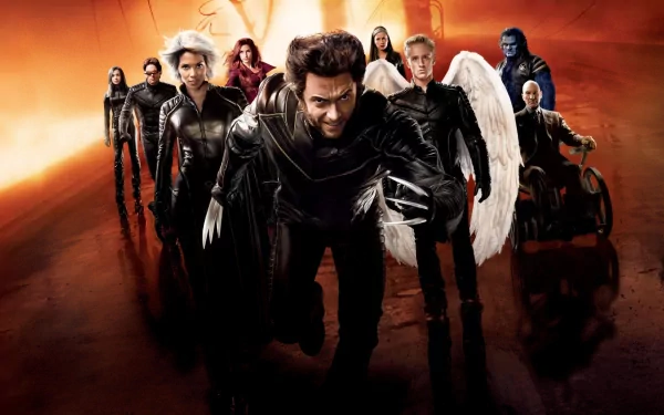 Marvel's X-Men assemble in this dynamic HD wallpaper featuring Wolverine, Cyclops, Professor X, Beast, and others, set against a dramatic orange backdrop.