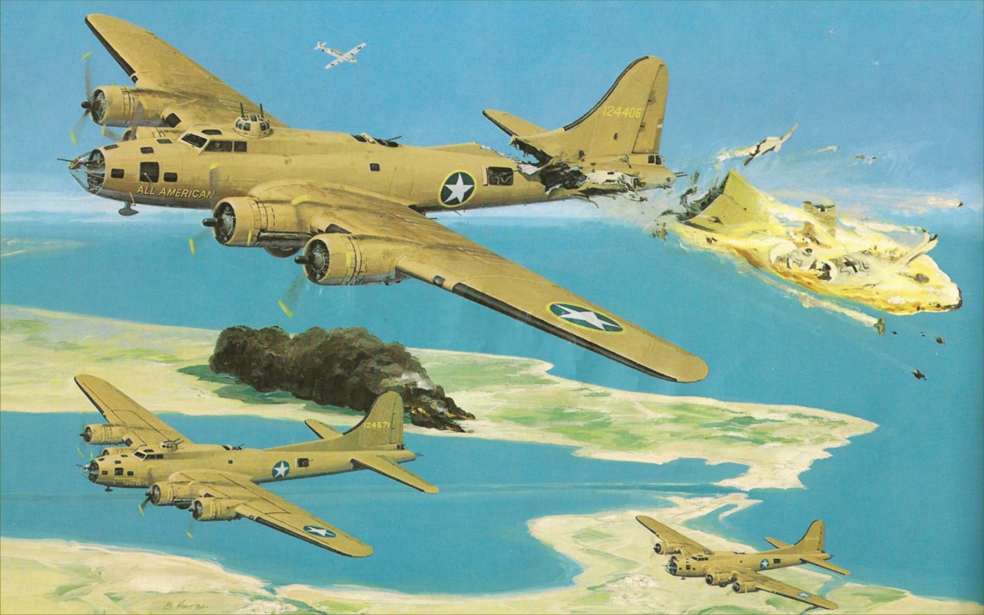 HD desktop wallpaper depicting military Boeing B-17 Flying Fortress bombers in flight over an island, with one aircraft under attack and trailing smoke.